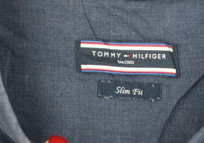 Tommy Hilfiger Men Blue 16.5 Slim Fit Linen Button Down Shirt