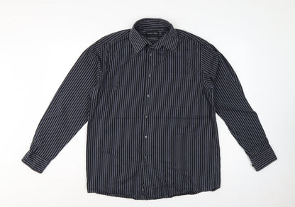Double TWO Men’s Black Grey Stripe 15.5 Collar Cotton Button-Up Shirt