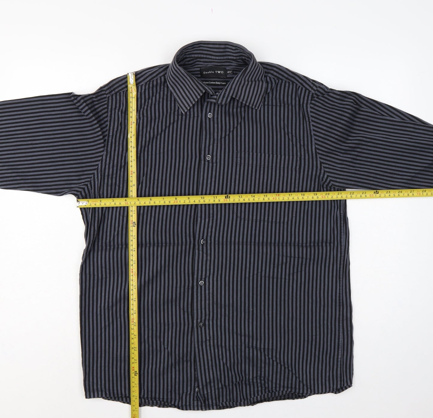 Double TWO Men’s Black Grey Stripe 15.5 Collar Cotton Button-Up Shirt