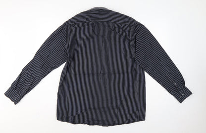 Double TWO Men’s Black Grey Stripe 15.5 Collar Cotton Button-Up Shirt