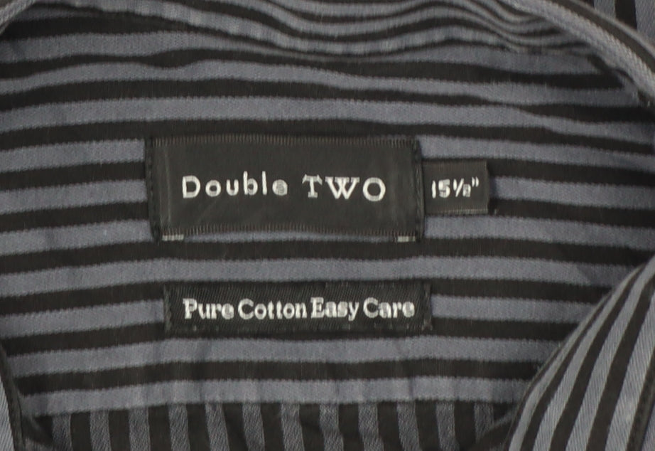 Double TWO Men’s Black Grey Stripe 15.5 Collar Cotton Button-Up Shirt