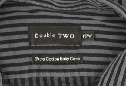 Double TWO Men’s Black Grey Stripe 15.5 Collar Cotton Button-Up Shirt