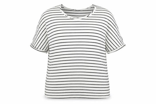 Front view of Roman Women White Black Striped, size 14, Relaxed Viscose T-Shirt