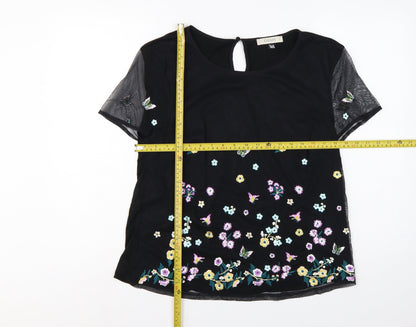 Oasis Women Black UK 14 Embroidered Floral Butterfly Sheer Sleeve Blouse