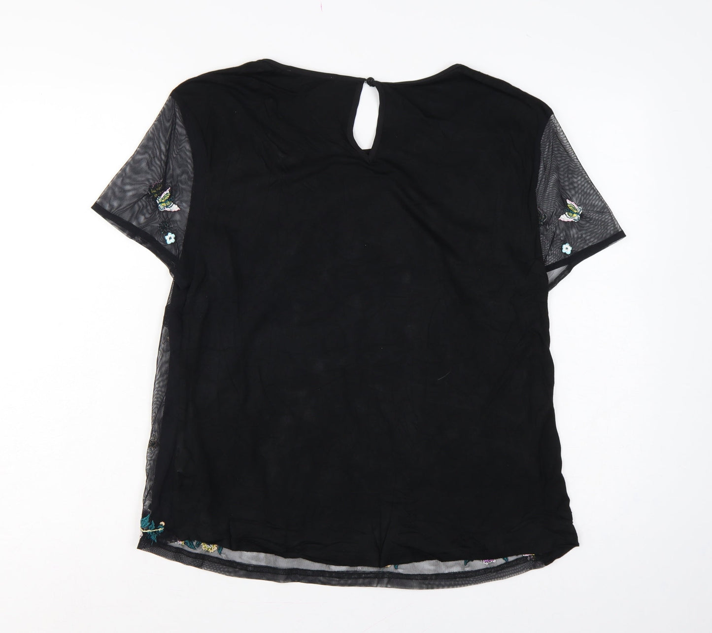 Oasis Women Black UK 14 Embroidered Floral Butterfly Sheer Sleeve Blouse
