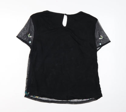 Oasis Women Black UK 14 Embroidered Floral Butterfly Sheer Sleeve Blouse