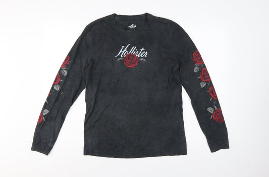 Hollister Women Black S Floral Rose Long Sleeve Cotton T-Shirt