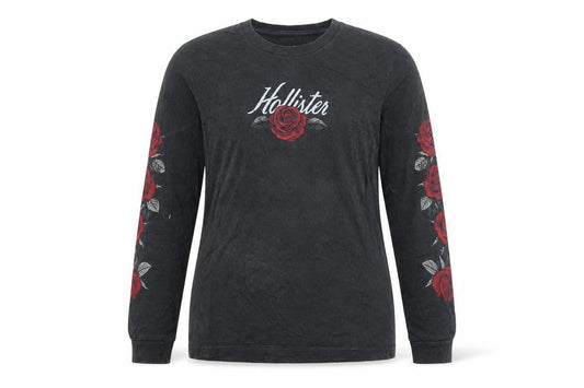Hollister Women Black S Floral Rose Long Sleeve Cotton T-Shirt