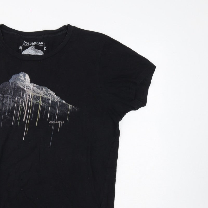 Pull&Bear Men’s Black XL Mountain Graphic Print Crew Neck T-Shirt