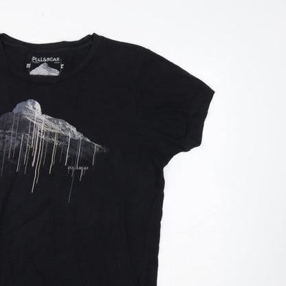 Pull&Bear Men’s Black XL Mountain Graphic Print Crew Neck T-Shirt