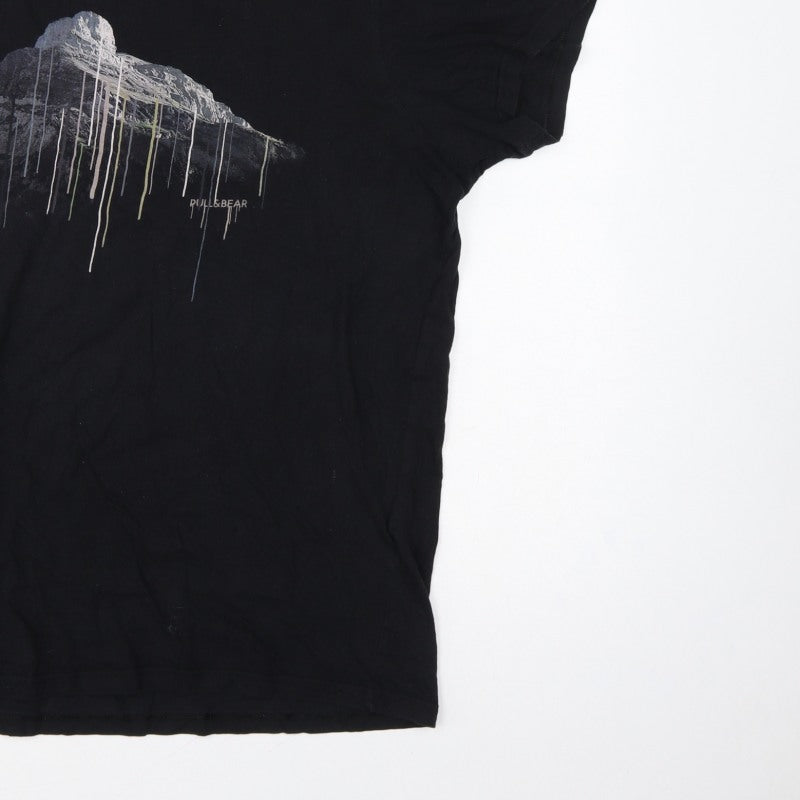 Pull&Bear Men’s Black XL Mountain Graphic Print Crew Neck T-Shirt