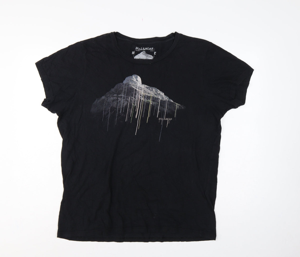 Pull&Bear Men’s Black XL Mountain Graphic Print Crew Neck T-Shirt