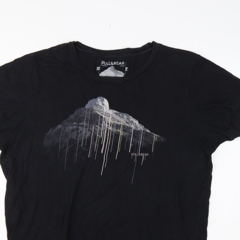 Pull&Bear Men’s Black XL Mountain Graphic Print Crew Neck T-Shirt