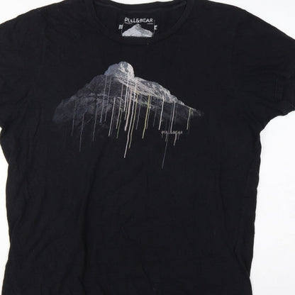 Pull&Bear Men’s Black XL Mountain Graphic Print Crew Neck T-Shirt