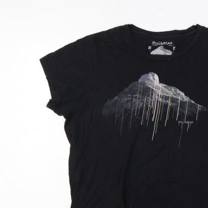 Pull&Bear Men’s Black XL Mountain Graphic Print Crew Neck T-Shirt