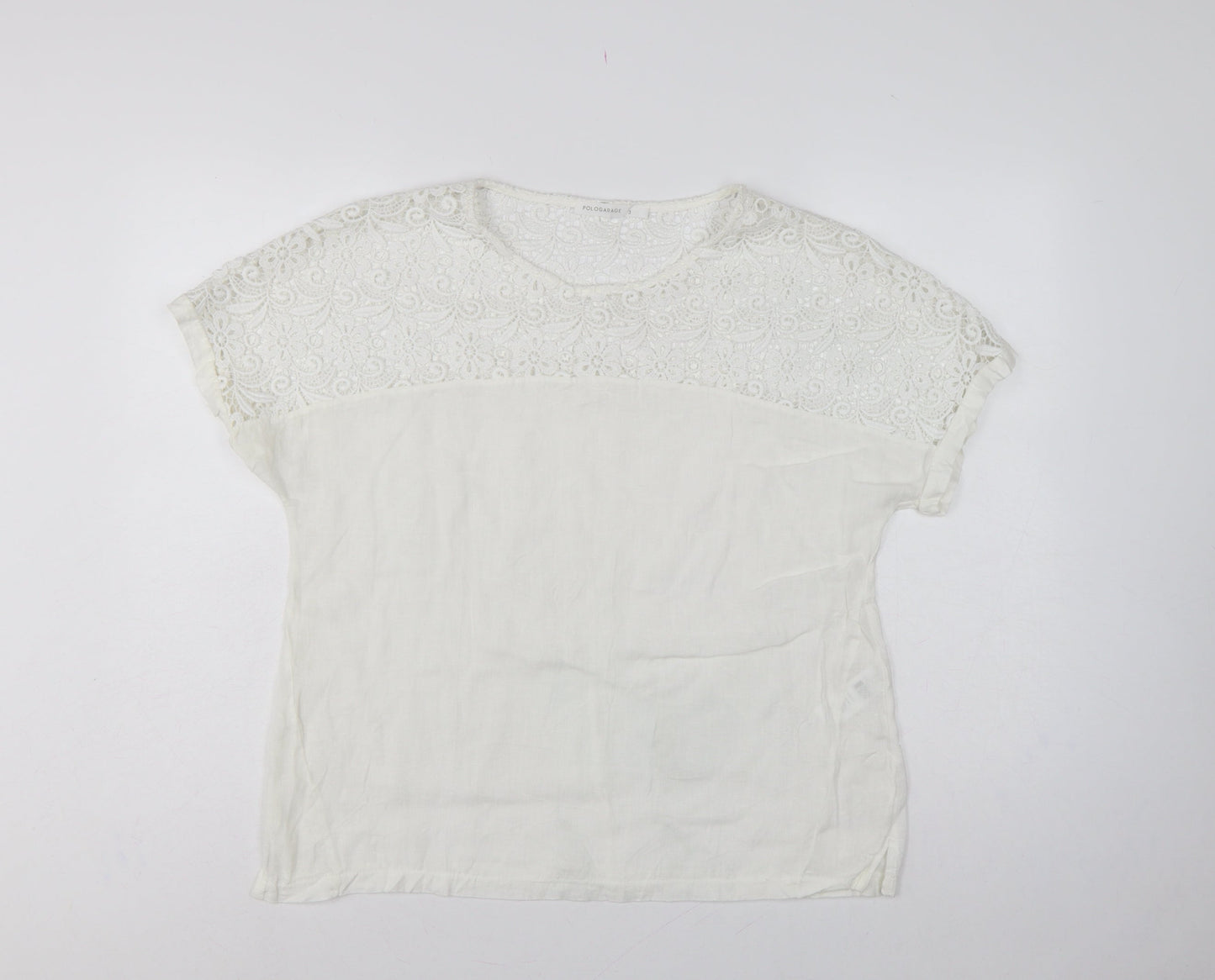 Polo Garage Women Ivory UK 14 Linen Lace Short Sleeve Blouse