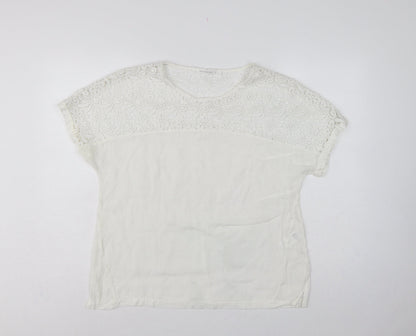 Polo Garage Women Ivory UK 14 Linen Lace Short Sleeve Blouse