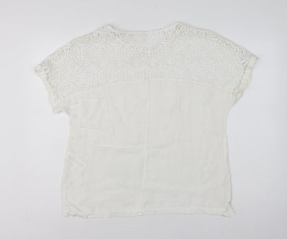 Polo Garage Women Ivory UK 14 Linen Lace Short Sleeve Blouse