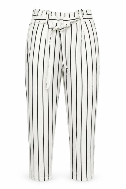 Front view of ASOS Women’s White Black Stripe Paperbag Linen Trousers UK 12