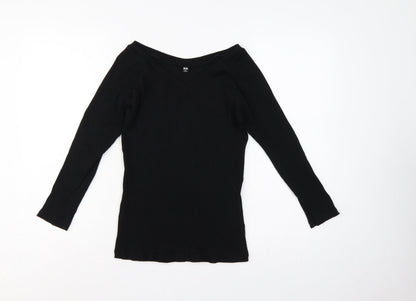 Uniqlo Women Black M Ribbed V-Neck Long Sleeve Slim Basic T-Shirt