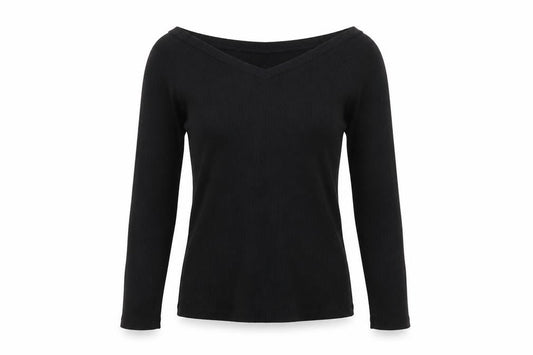 Uniqlo Women Black M Ribbed V-Neck Long Sleeve Slim Basic T-Shirt