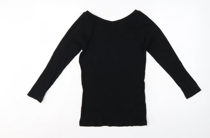 Uniqlo Women Black M Ribbed V-Neck Long Sleeve Slim Basic T-Shirt
