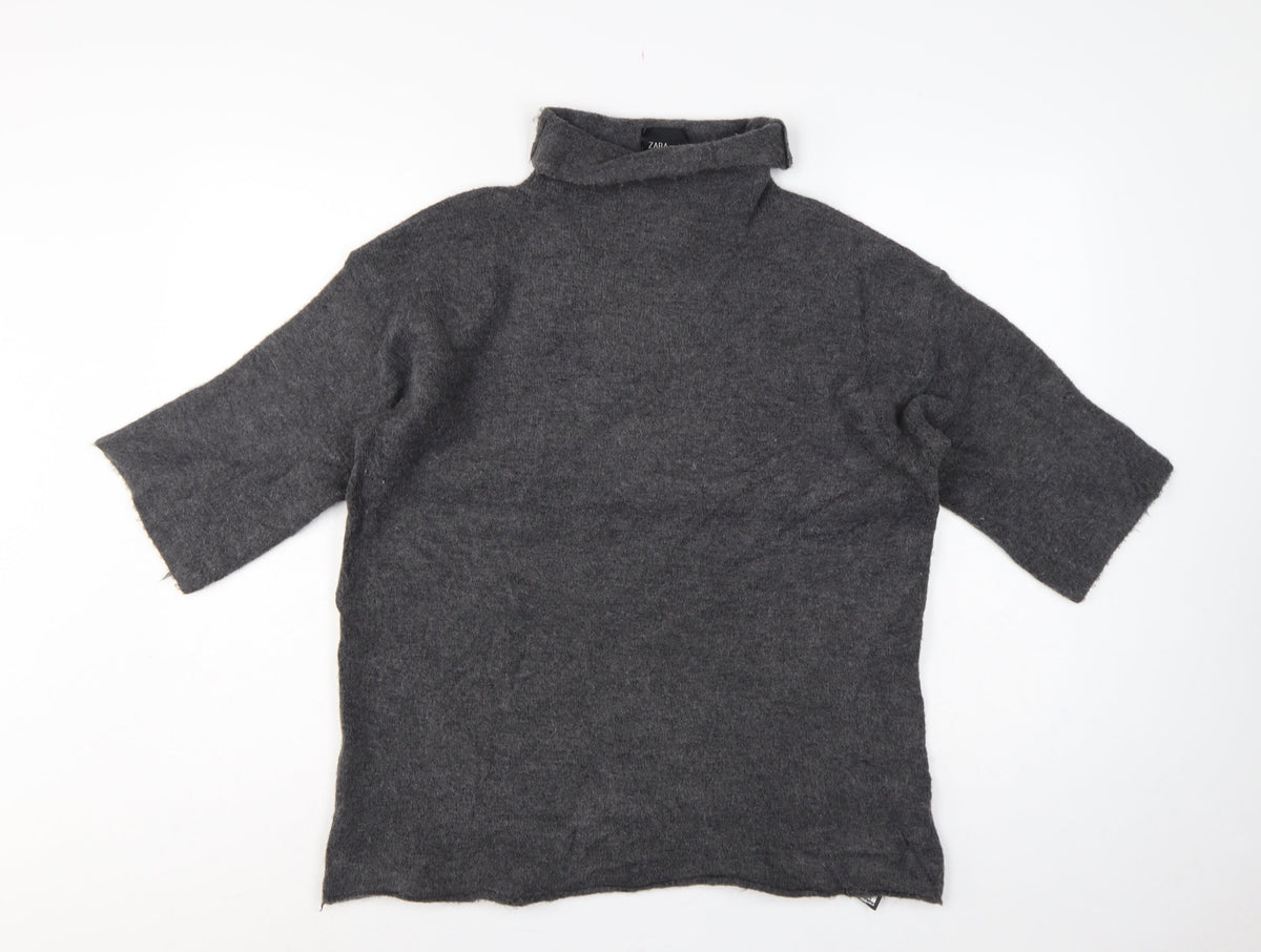 Zara Women Grey M Roll Neck Italian Yarn Knit Tunic Jumper