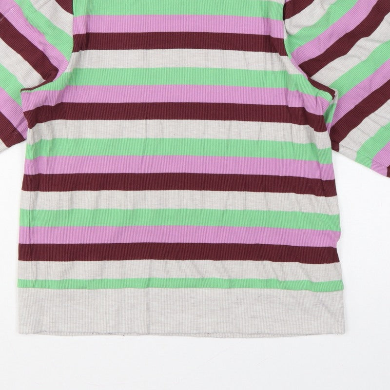 Oliver Bonas Women Multicoloured UK 10 Striped Ribbed Balloon Sleeve Top