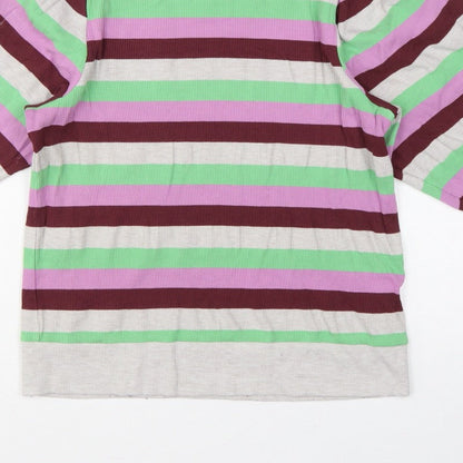 Oliver Bonas Women Multicoloured UK 10 Striped Ribbed Balloon Sleeve Top