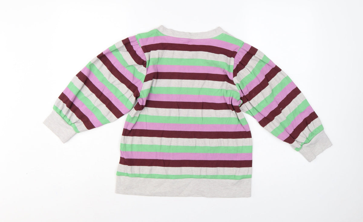 Oliver Bonas Women Multicoloured UK 10 Striped Ribbed Balloon Sleeve Top