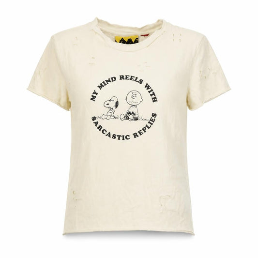 Front view of Lazy Oaf girls’ cream uk 8 peanuts snoopy distressed graphic t-shirt
