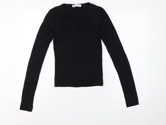 Zara Women Black M Rib Knit Scoop Neck Long Sleeve Fitted Top