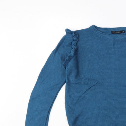 Brave Soul Women’s Blue UK 14 Ruffle Shoulder Crew Neck Knit Jumper