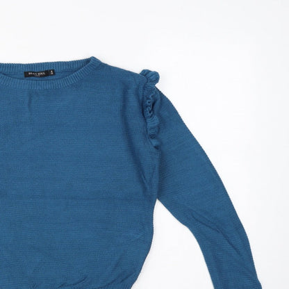 Brave Soul Women’s Blue UK 14 Ruffle Shoulder Crew Neck Knit Jumper