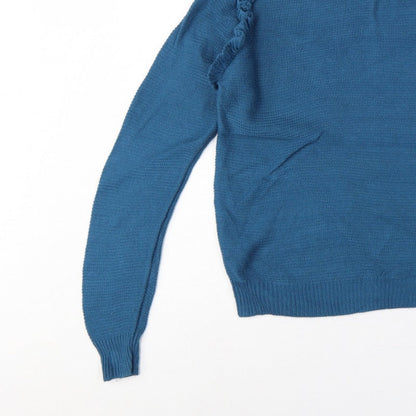 Brave Soul Women’s Blue UK 14 Ruffle Shoulder Crew Neck Knit Jumper