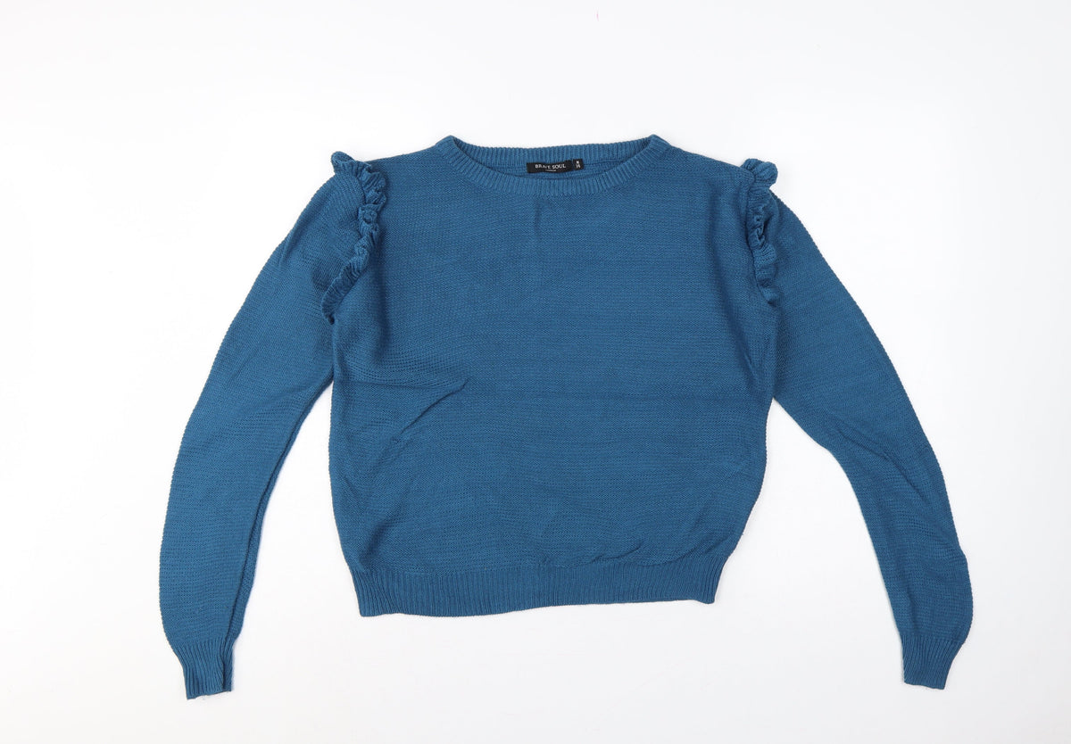 Brave Soul Women’s Blue UK 14 Ruffle Shoulder Crew Neck Knit Jumper