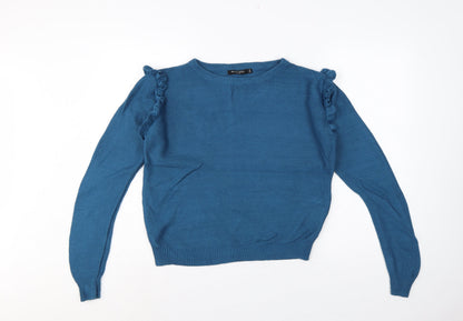 Brave Soul Women’s Blue UK 14 Ruffle Shoulder Crew Neck Knit Jumper