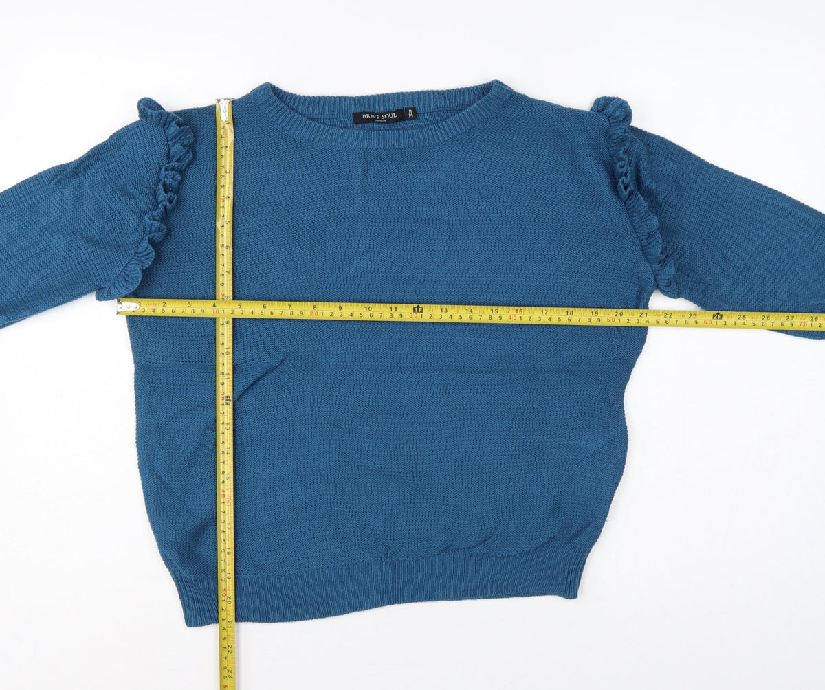 Brave Soul Women’s Blue UK 14 Ruffle Shoulder Crew Neck Knit Jumper