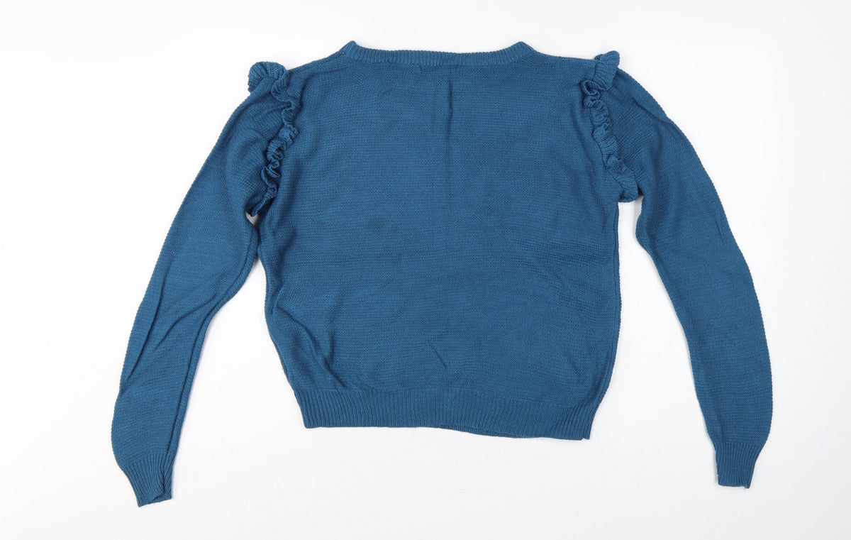 Brave Soul Women’s Blue UK 14 Ruffle Shoulder Crew Neck Knit Jumper