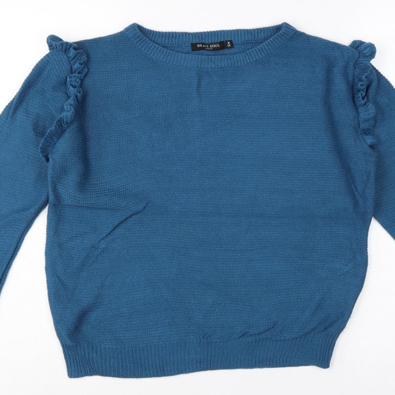Brave Soul Women’s Blue UK 14 Ruffle Shoulder Crew Neck Knit Jumper