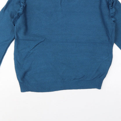 Brave Soul Women’s Blue UK 14 Ruffle Shoulder Crew Neck Knit Jumper