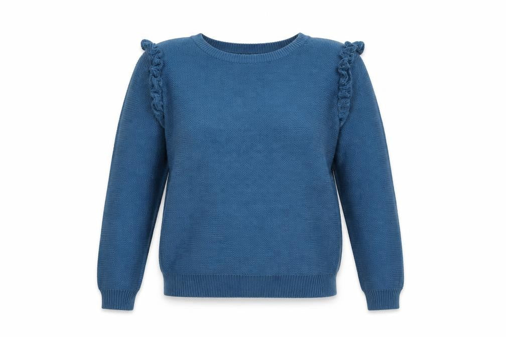 Brave Soul Women’s Blue UK 14 Ruffle Shoulder Crew Neck Knit Jumper
