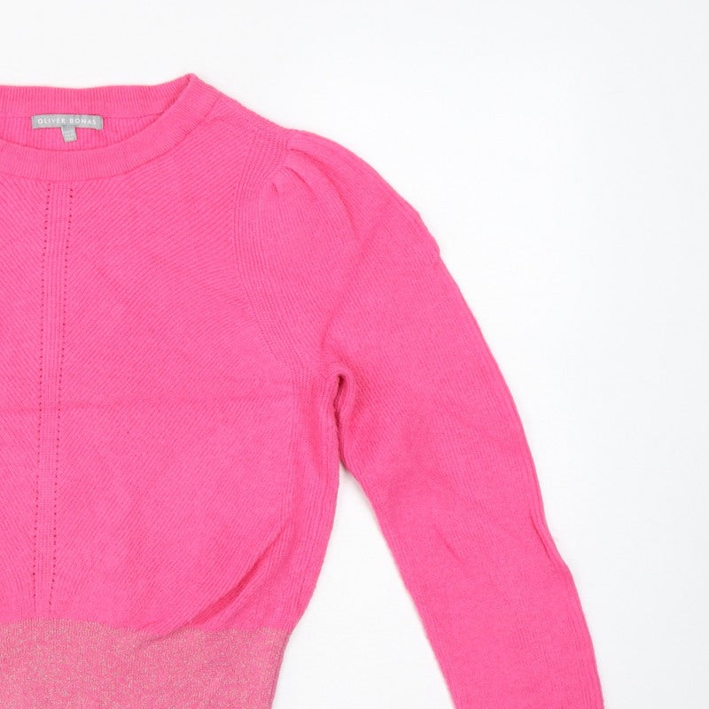 Oliver Bonas Women Pink Glitter Puff Sleeve Knit Jumper UK 10