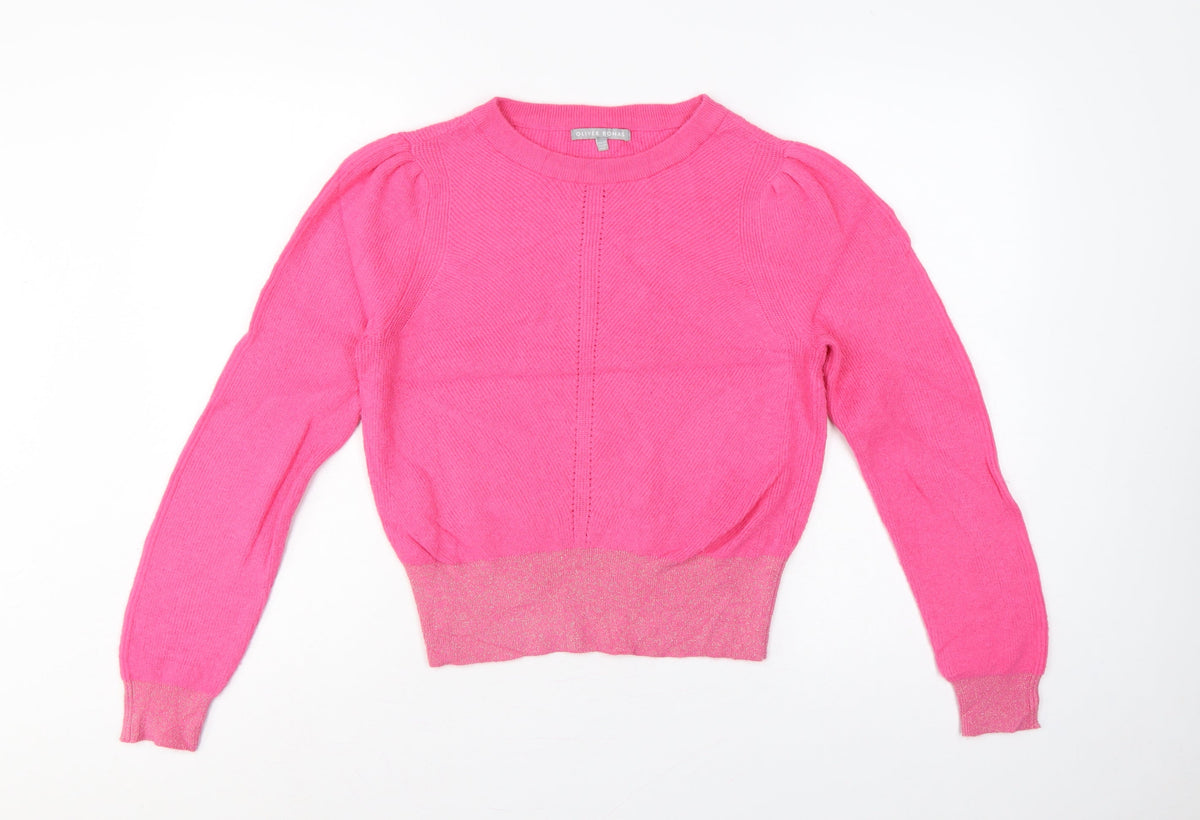 Oliver Bonas Women Pink Glitter Puff Sleeve Knit Jumper UK 10