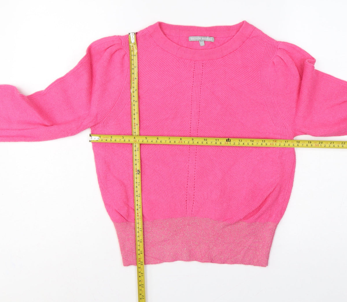 Oliver Bonas Women Pink Glitter Puff Sleeve Knit Jumper UK 10