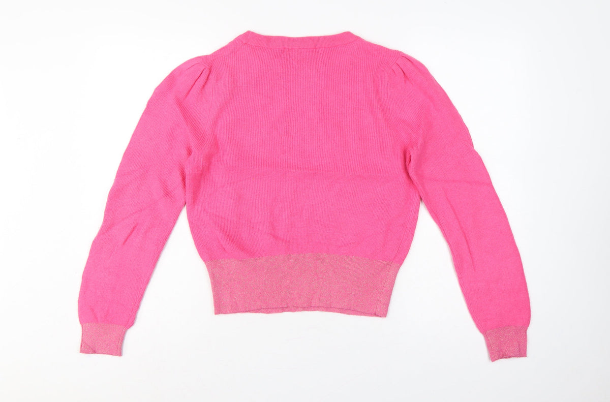 Oliver Bonas Women Pink Glitter Puff Sleeve Knit Jumper UK 10