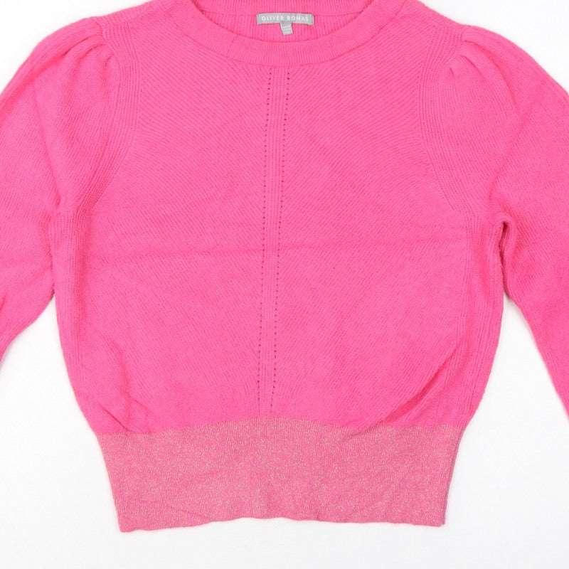 Oliver Bonas Women Pink Glitter Puff Sleeve Knit Jumper UK 10