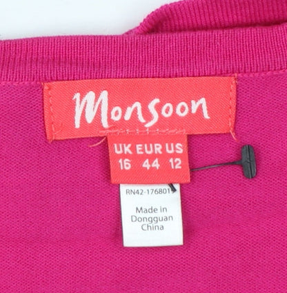 Monsoon Women Pink UK 16 Cropped Open Front Long Sleeve Knit Bolero