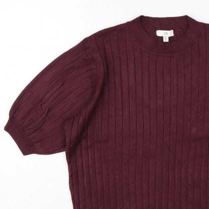 R Women’s Burgundy Red L Rib Knit Balloon Sleeve Short Sleeve Jumper