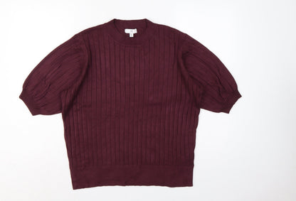 R Women’s Burgundy Red L Rib Knit Balloon Sleeve Short Sleeve Jumper